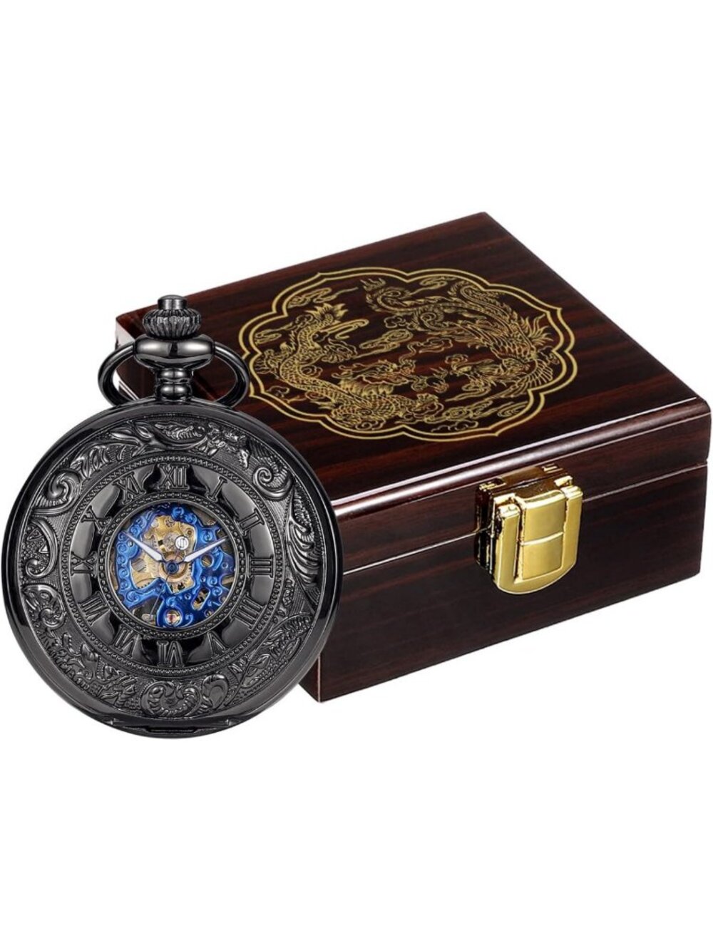 Elegant Skeleton Pocket Watch with Roman Numerals, Luxury Wooden Box & Chain